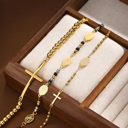 Vnox Personality Virgin Mary Coin Charms Bracelets for Men Women, Small Beas Beaded Wristband, Unisex Christ Faith Baptism Gift