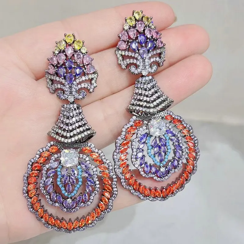 Bilincolor Vintage Purple and Orange Cubic Zirconia Big Earring for Women