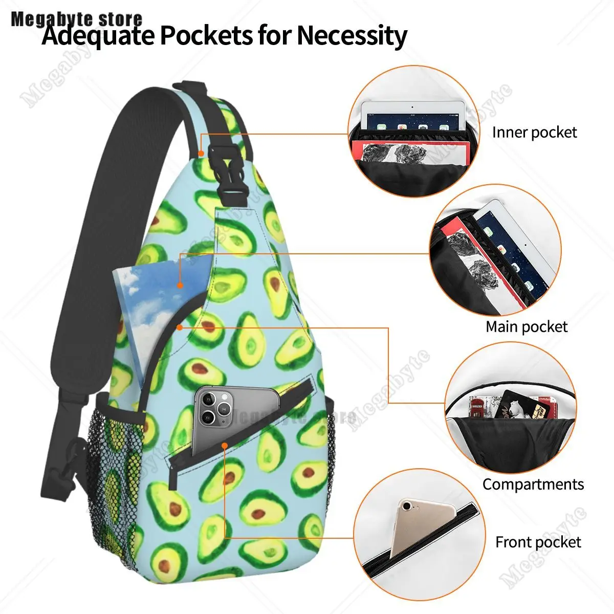 Avocado Love Shoulder Bags Kawaii Fruit Print Streetwear Chest Bag Travel Outdoor Style Sling Bag Graphic Design Small Bags