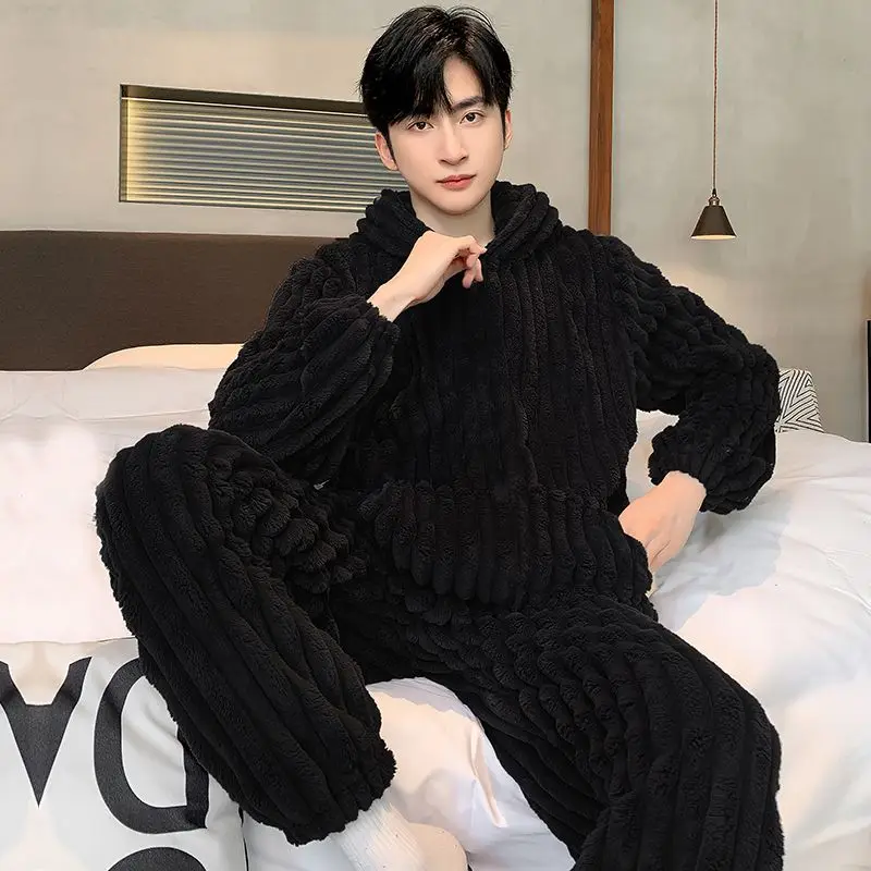 

Новые фланелевые зимние пижамы для подростков, свободные с капюшоном, интенсивный коралловый флис, теплый комплект домашней одежды для джентльменов, мужские пижамы