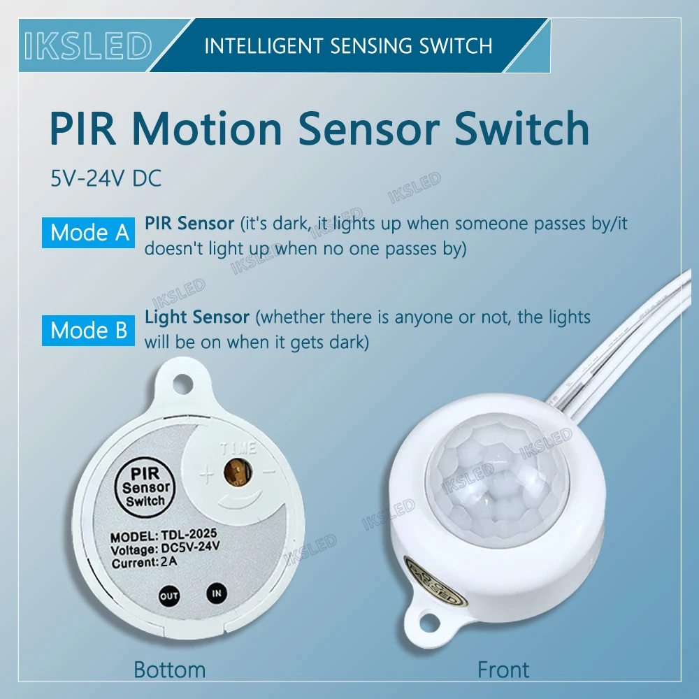 مفتاح مستشعر الحركة PIR، DC6V-24V 5A PIR مفتاح كاشف مستشعر حركة جسم الإنسان بالأشعة تحت الحمراء، مستشعر الضوء قابل للتعديل لشريط LED