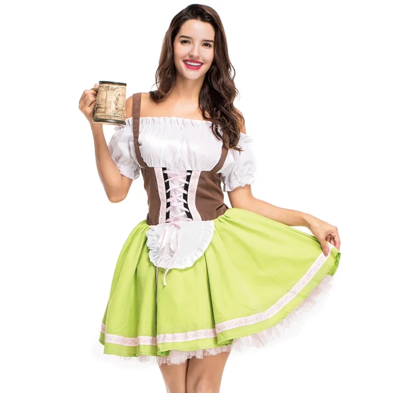 Beer Maid Sling Sheath Dress Off-Shoulder Shirts Grass Green Bavarian Traditional German Oktoberfest Costume Cosplay Party Dress