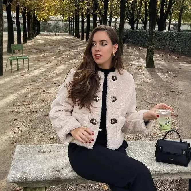 Kurtka zimowa damska z polaru KIDCRKJ, jednolita, z okrągłym dekoltem, zapinana na guziki, z sztucznego futra, dla kobiet, z dużymi kieszeniami, codzienna, damska kurtka z wełny jagnięcej.