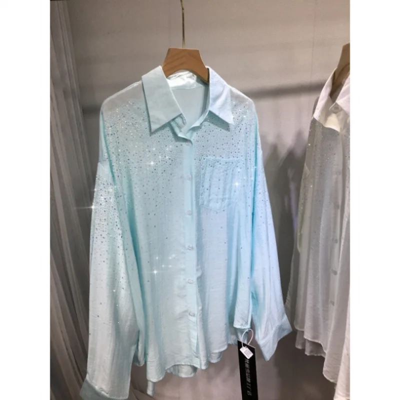 Hot Drilling Diamonds Chiffon Shirts Loose Slim Medium Length Striped Sunscreen Rhinestones Blouses Sun Protection Cardigan Tops