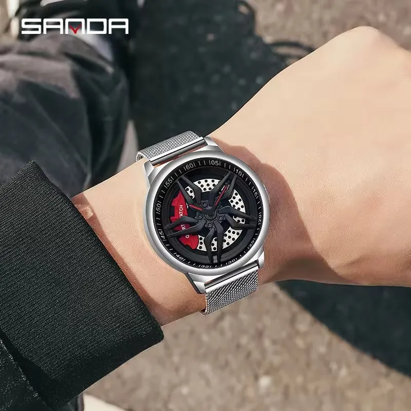 SANDA 1022-heren quartzhorloge Uniek echt 3D-model Draaiende auto Luxe mode Lichtgevende waterdichte horloges voor mannen reloj hombre