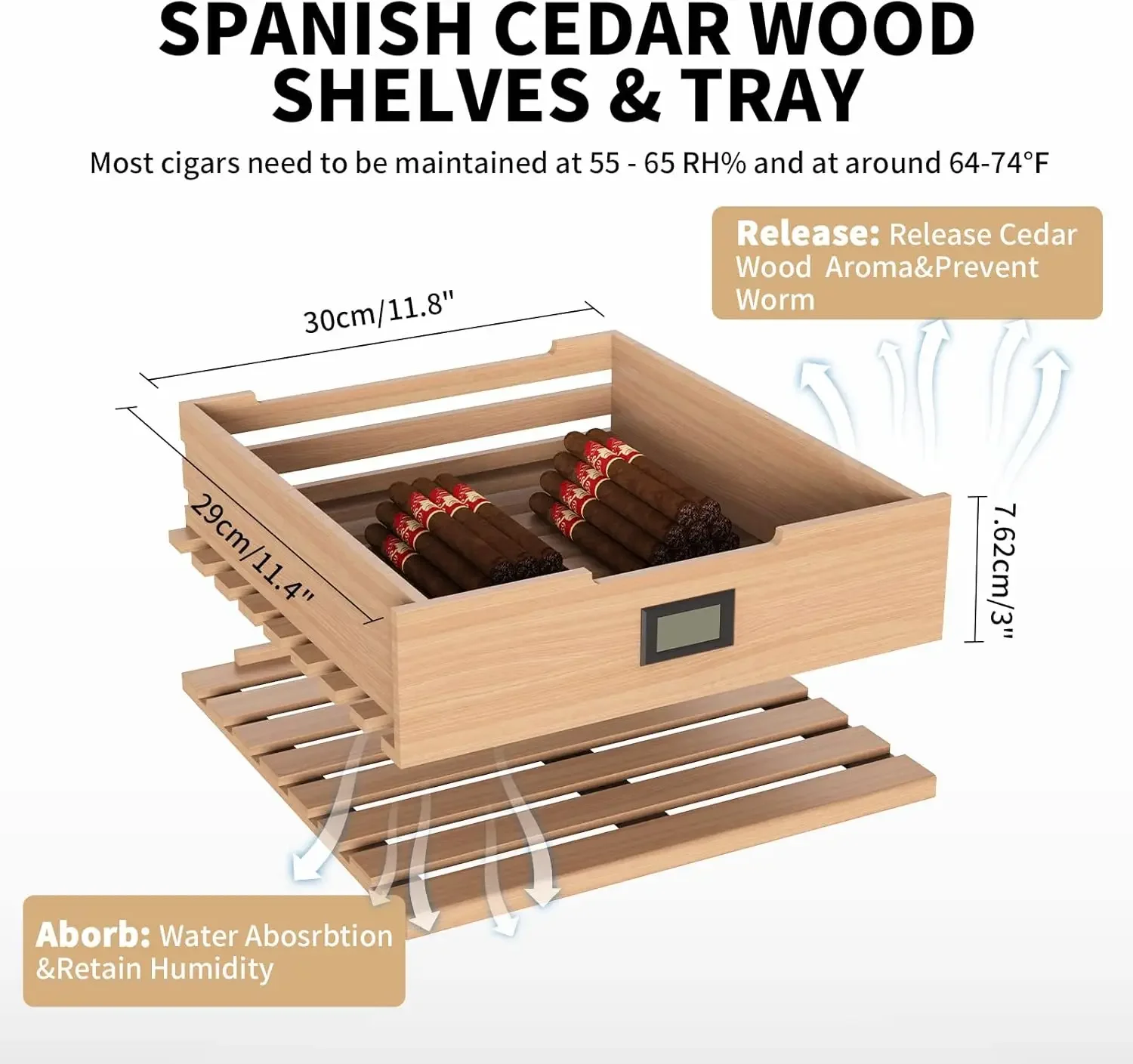 

48L Cooler Humidor, Electronic Humidor Cabinet for 300 Counts Capacity with Spanish Wood Shelves