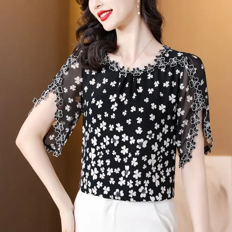 

Thin French Floral Shirt for Women's Summer New Fashion Chiffon Blouse Short Sleeved Bottoming Top M-4XL