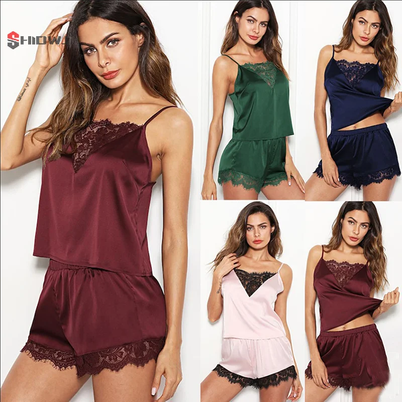 Women Pajamas Set Satin Lace Sleepwear Lingerie Ladies Elastic Suspender Shorts Nightwear Suits Sexy Sleeveless Underwear Tops