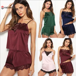 Women Pajamas Set Satin Lace Sleepwear Lingerie Ladies Elastic Suspender Shorts Nightwear Suits Sexy Sleeveless Underwear Tops