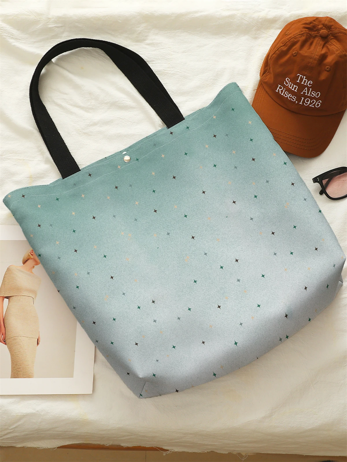 قطعة واحدة، حقيبة يد منقوشة على شكل نجمة، حقيبة يد عصرية قابلة لإعادة الاستخدام، حقيبة يد متعددة الوظائف، حقيبة تسوق قماشية مطبوعة #3
