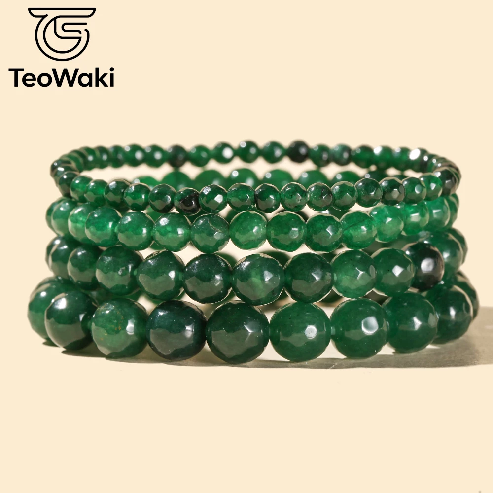 TeoWaki 4/6/8/10mm Natural Green Jade Stone Beaded Elastic Bracelet Relieve Pressure and Negative Emotions for Women Men 19cm