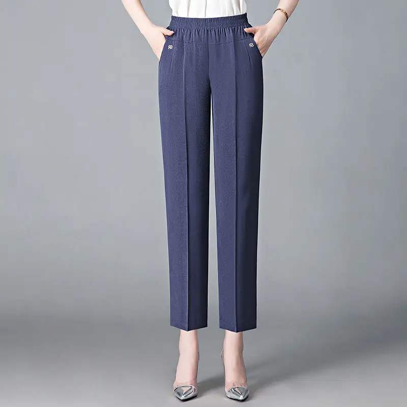 Vintage Loose Straight Pants Spring Summer Thin Women Streetwear Office Lady Casual Elastic High Waist Cropped Trousers 5XL