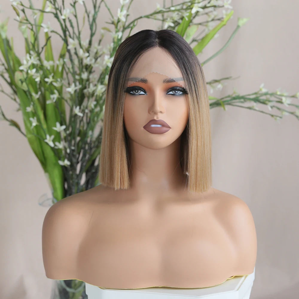 Ombre pirang sintetis renda Wig depan untuk hitam wanita bagian tengah Wig rambut tahan panas panjang Medium X-TRESS lurus Yaki