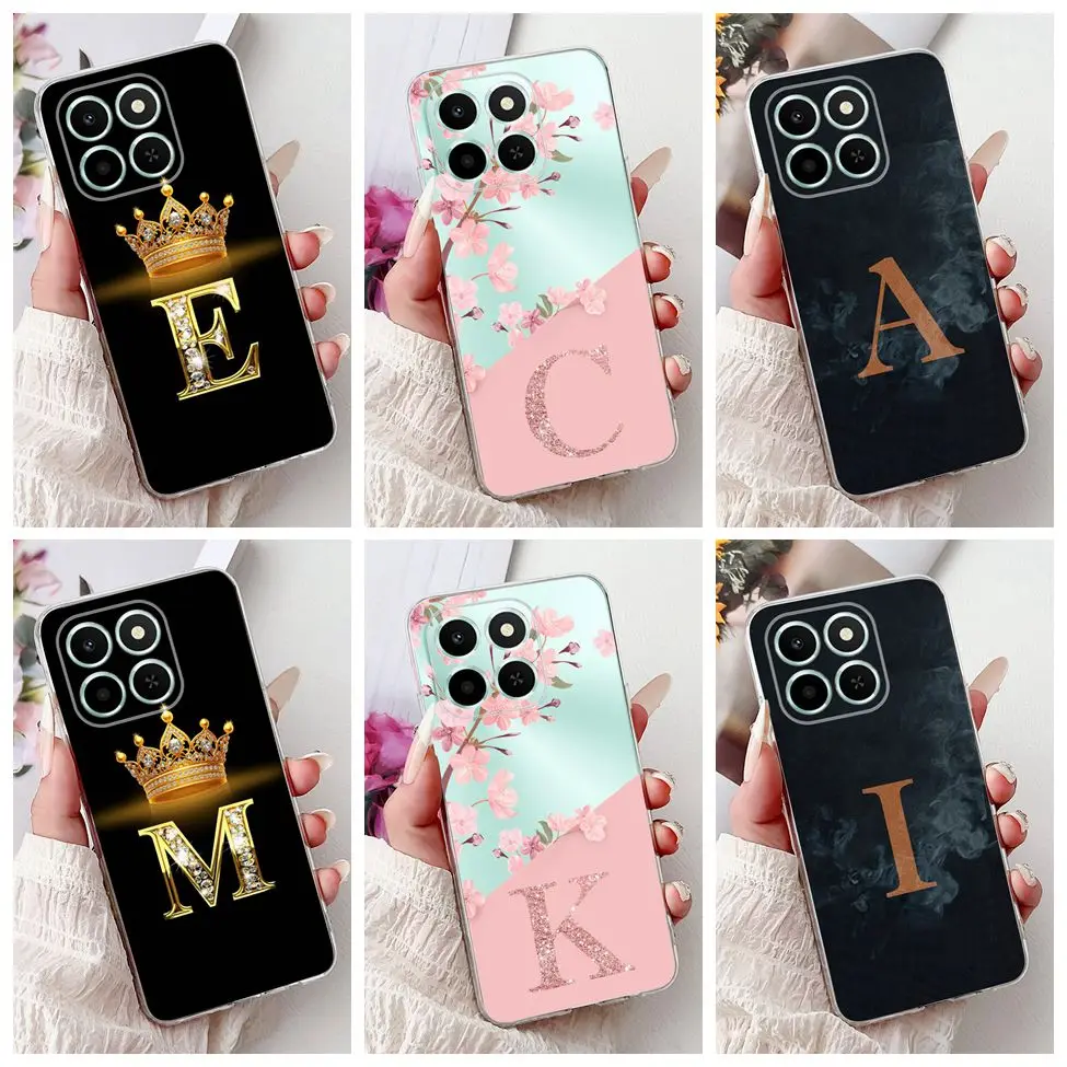 

For Honor X6c NIC-LX1 NIC-LX2 NIC-LX3 Case For Honor X6c Cover Transparent Luxury A-Z Letters Fashion Flowers Crown Soft Bumper