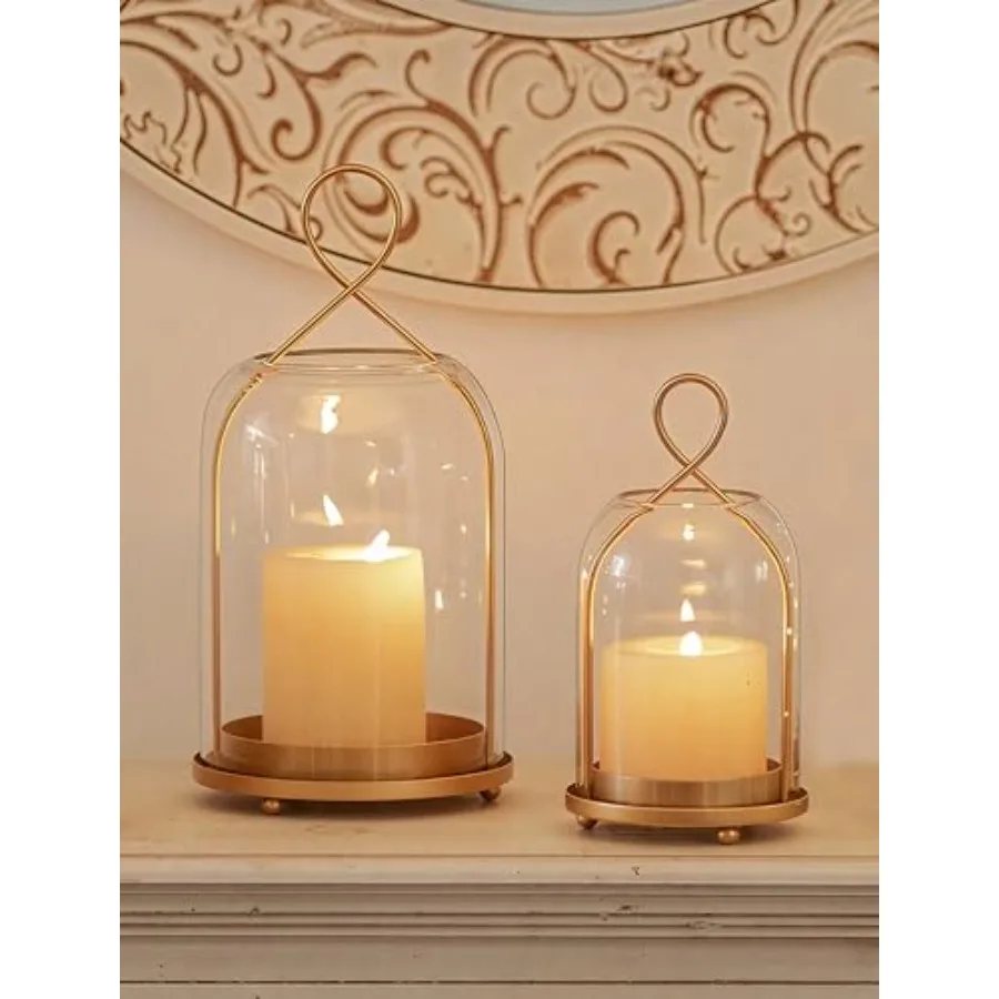 

Glass Lanterns Decorative Outdoor: Gold Hurricane Candle Holders for Pillar Candles - Set of 2 Hanging Lantern for Home Thanksg