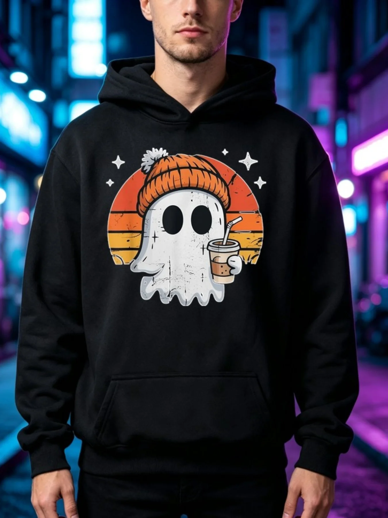 Men's Hooded Sweater, Daily Casual Wear, Weird Coffee Print, Retro Style, Loose Version, Long-sleeved Jumper, Autumn and Winter Halloween Models.