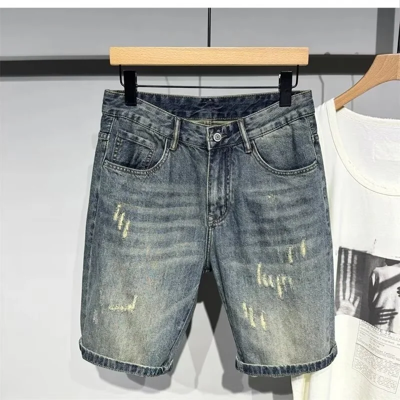 

Retro American Blue Faded Denim orts Men Summer Slim Straight Trendy Casual Five-Quarter Pants Youth ular Jeans orts