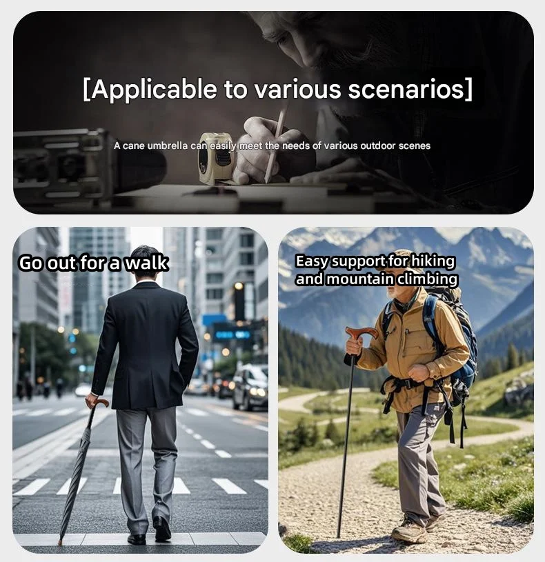 مظلة عكاز ذات عمود مستقيم 3 في 1 - طاقم المشي لمسافات طويلة مقاوم للمطر مع قبضة مطاطية مضادة للانزلاق و360 °   ضوء أمان عاكس