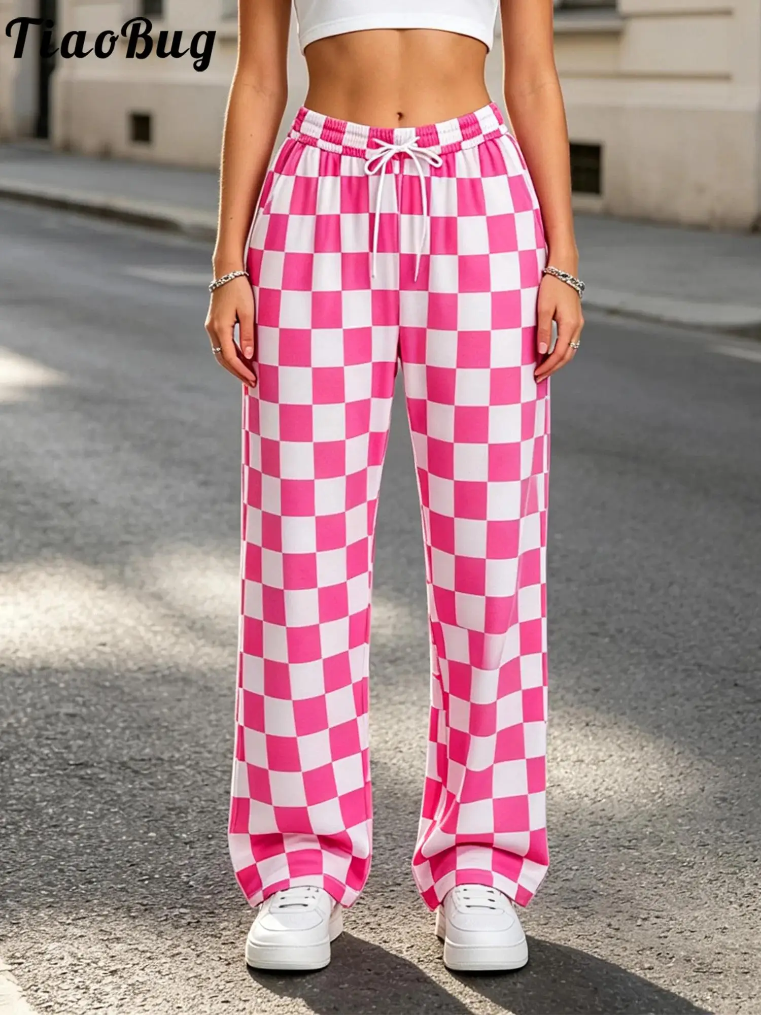 Women Plaid Checkerboard Wide Leg Pants Drawstring Elastic Waistband Side Pockets Trousers Casual Loose Bottoms for Daily