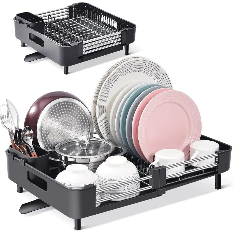 

Extendable Dish Rack, Dual Part Dish Drainers with Non-Scratch and Movable Cutlery Drainer and Drainage Spout, Adjustable