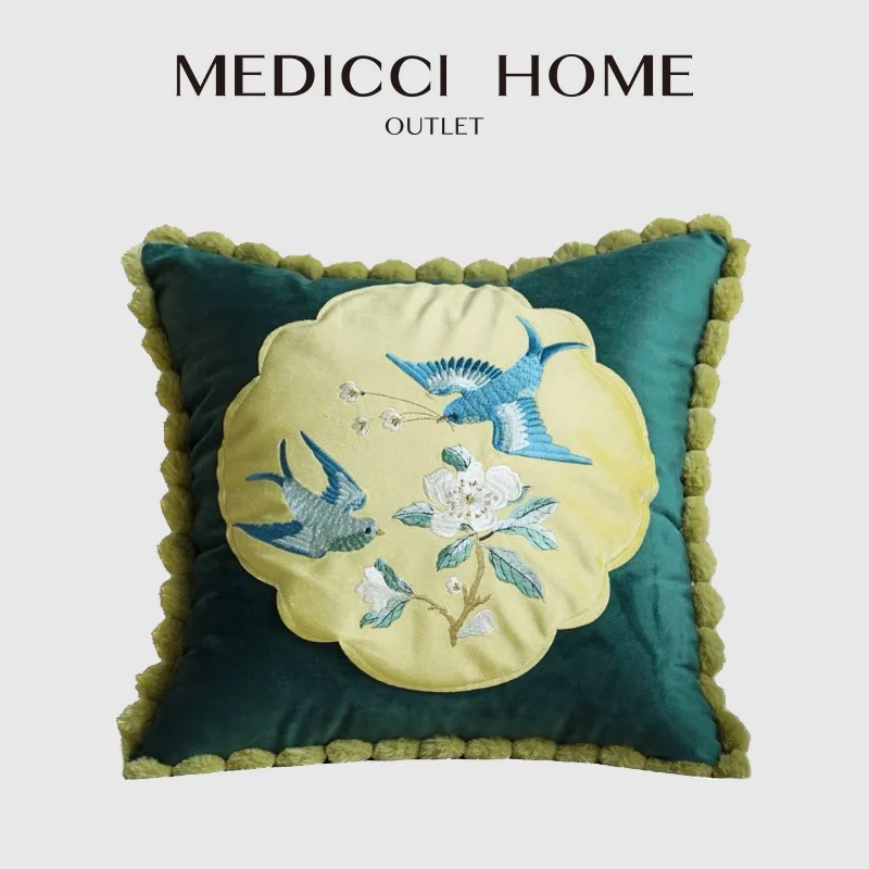 Medicci Home Beautiful Hand Embroidered Cushion Cover 2025 Spring Double Swallow Floral Throw Pillow Case With Pom Pom Tassels