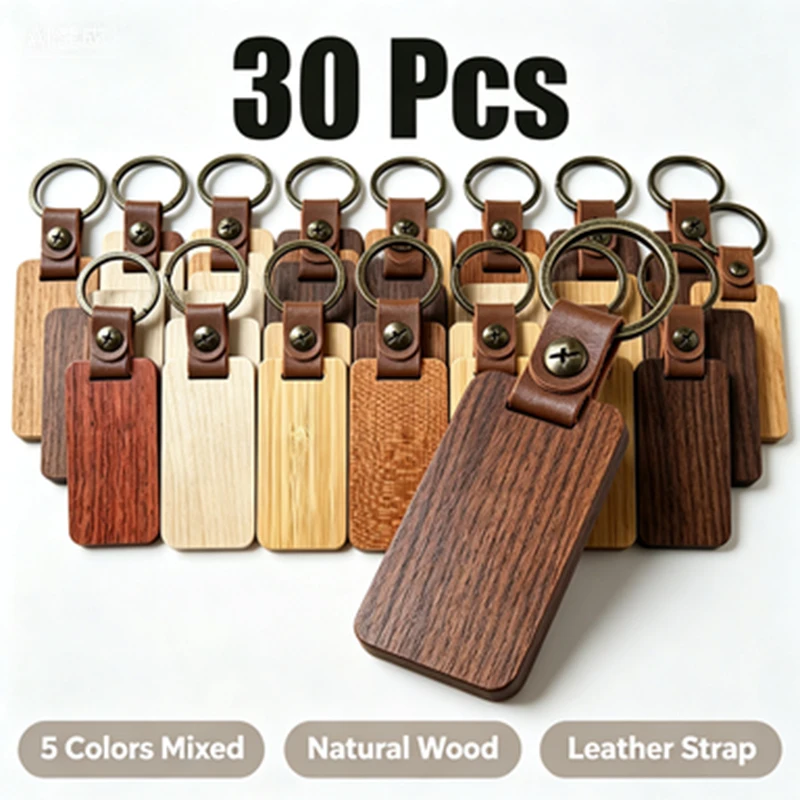 30Pcs Antique Bronze Split Key Ring Wooden Keychain Blank, Rounded Edge Wood Key Label with Durable Leather Connection Band