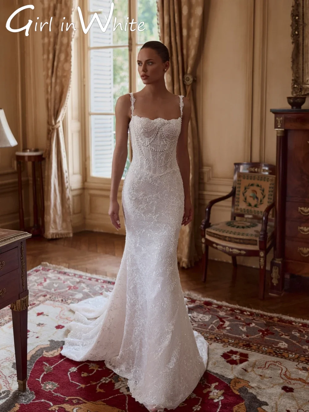 

Блестящее свадебное платье с квадратным воротником, бисером и кружевом, на тонких бретелях, с жемчугом, в стиле русалка, длинное, на заказ, для невесты