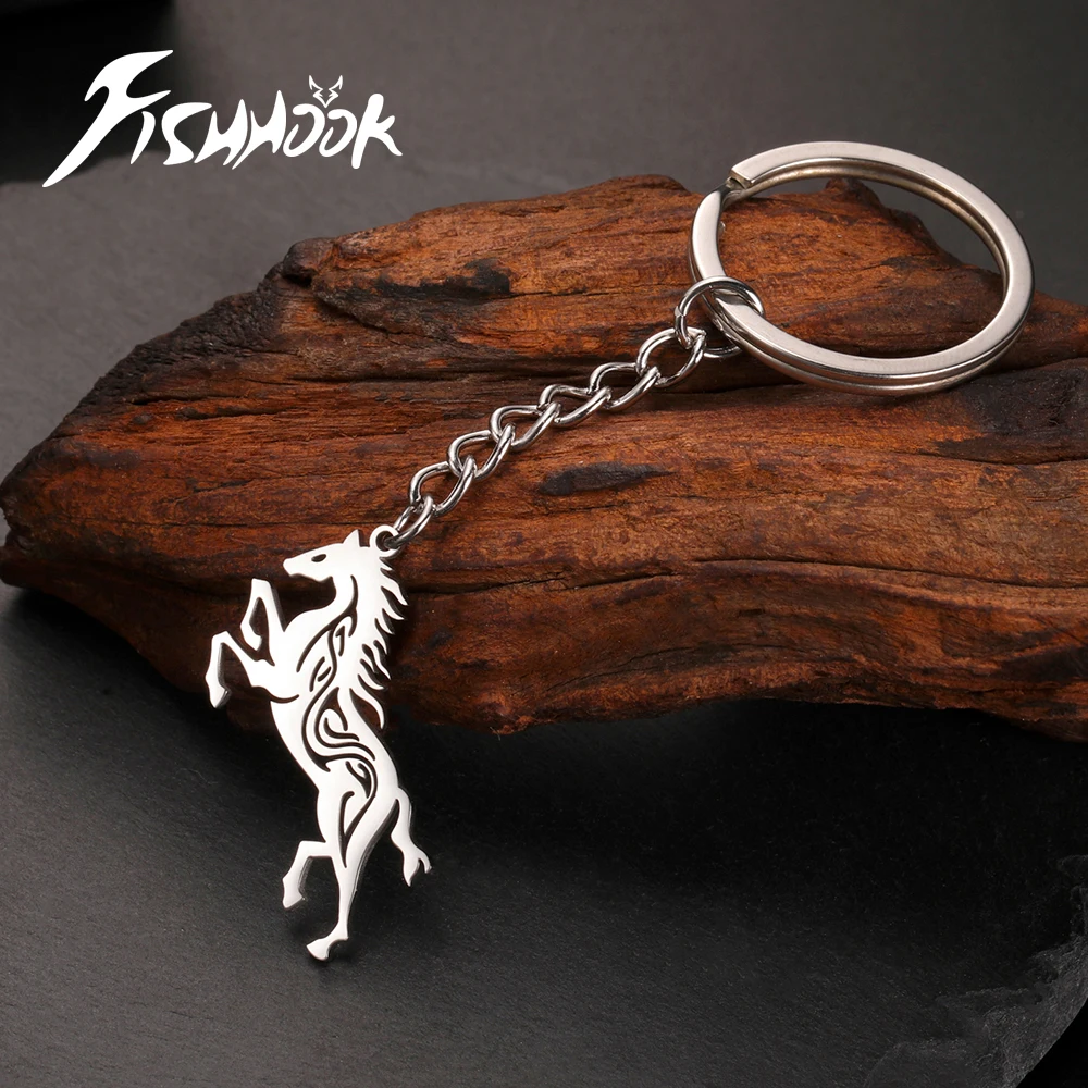 Fishhook Horse Unicorn Keychain for Woman Men Supernatural Amulet Key Chain Ring Gold Color Stainless Steel Pendant Jewelry Gift