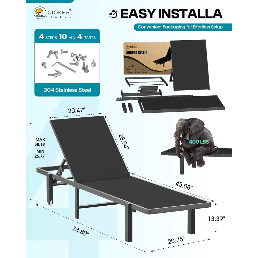 

Patio Chaise Lounge Chair Set of 2, Outdoor Lounge Chairs with Wheels, 5-Position Adjustable Sun Loungers for Pool, Deck,