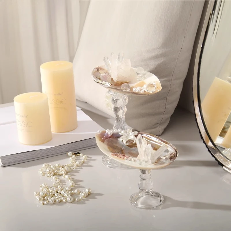 Modern French Chic Crystal Stand Biodegradable Seashell Ornament for Vanity Nightstand Saving Jewelry Organizer Earring Display