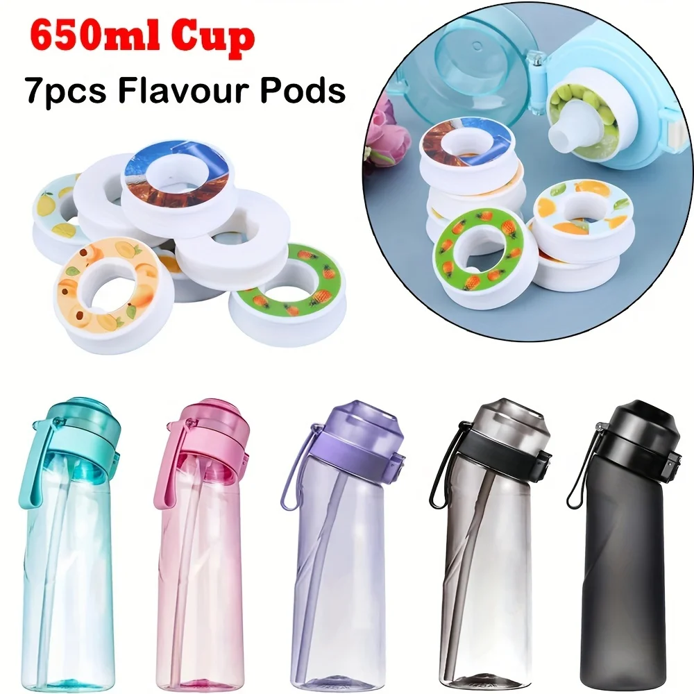 Sports Air Water Bottle BPA Free Drinking Bottles 650ML Fruit Fragrance Water Cup with 7 Flavour pods Outdoor Tableware