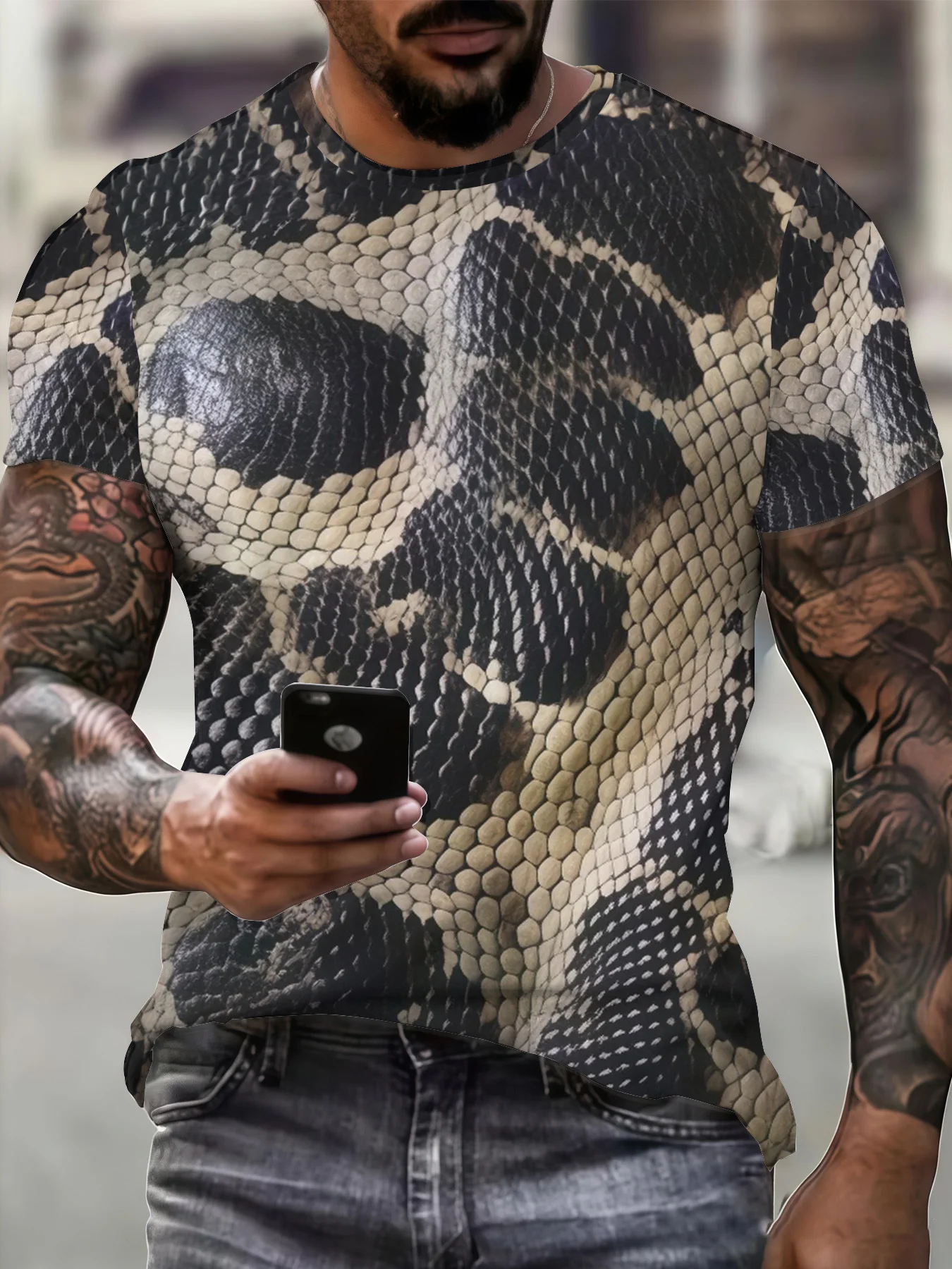 Men's 3D Realistic Snake Skin Scale Print T-Shirt Crew Neck Short Sleeve Animal Texture Streetwear Casual Tee Top