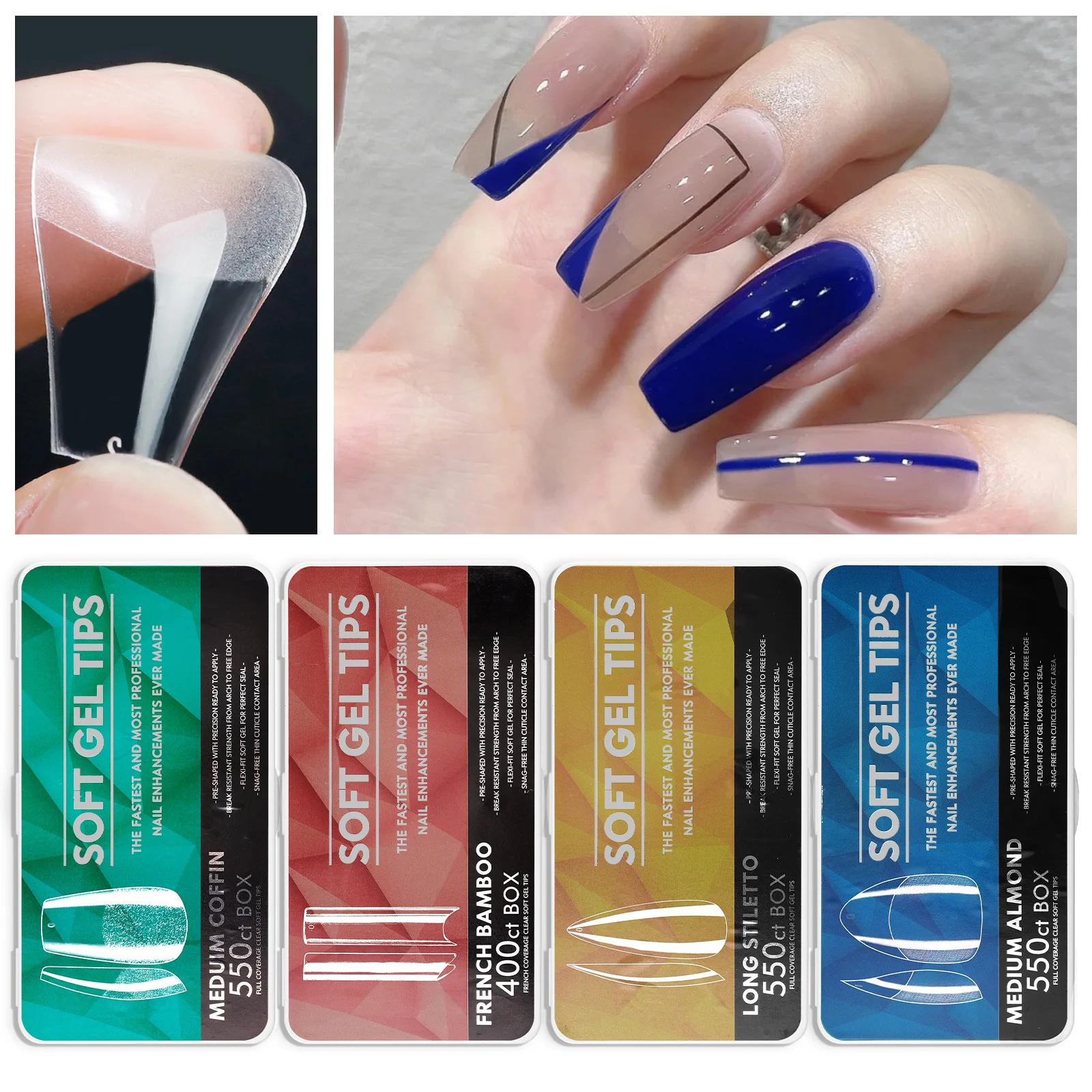 550pcs Gel Full Cover Nail Tips Non -engraved Grinding Reusable Short Coffin/Almond Nail Extensions Gelly Tips False Nail