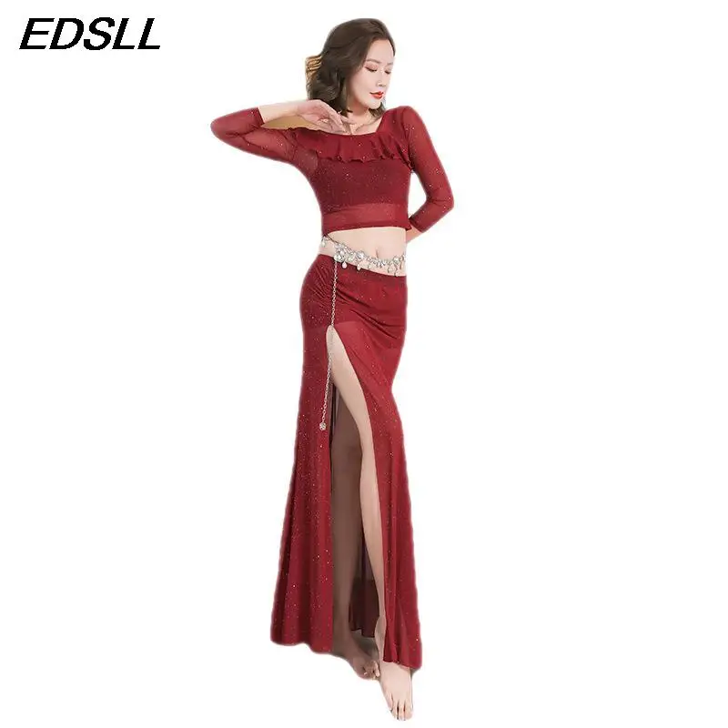 

Women Belly Dance Costume Set Elegant Top+Sexy Split Long Dress Oriental Dance Training Suit For Bellydancing Performance Suit