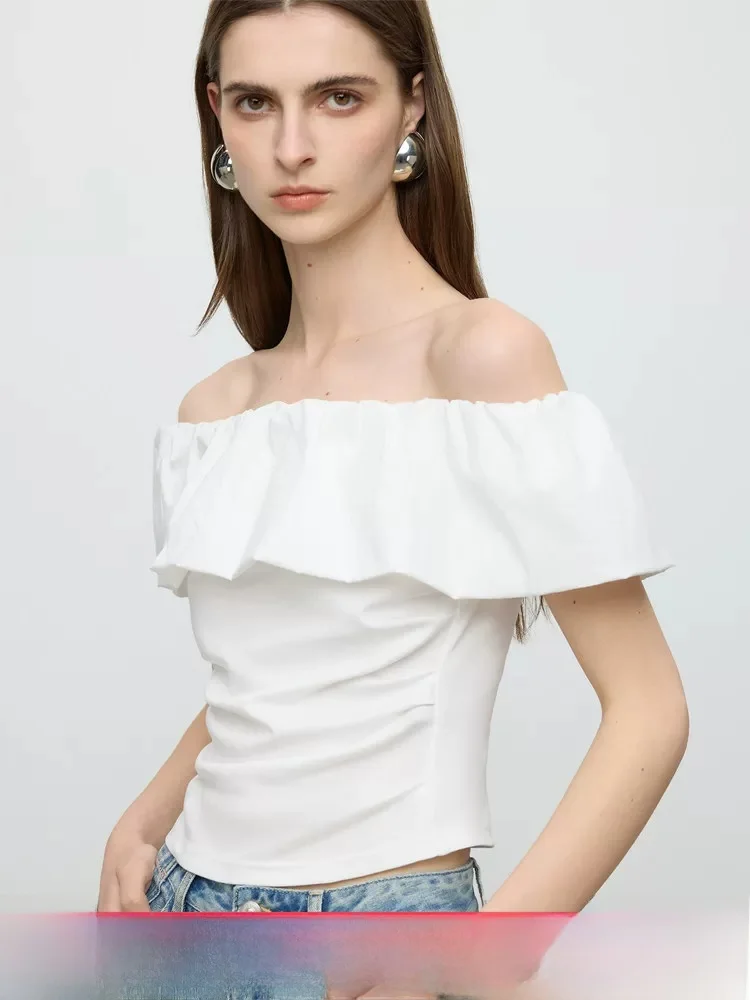 

Elegant Splice T-Shirt Women's Summer New Style Slimming One-Shoulder Pleated Top Cotton Short Sleeve Commute Style Pure Color