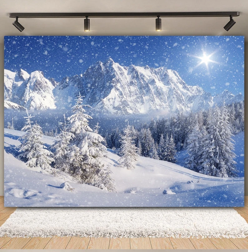 Winter Snow Scene Backdrop Forest Mountain Nature Landscape Snowflake Christmas Tree Baby Portrait Photography Background Decor