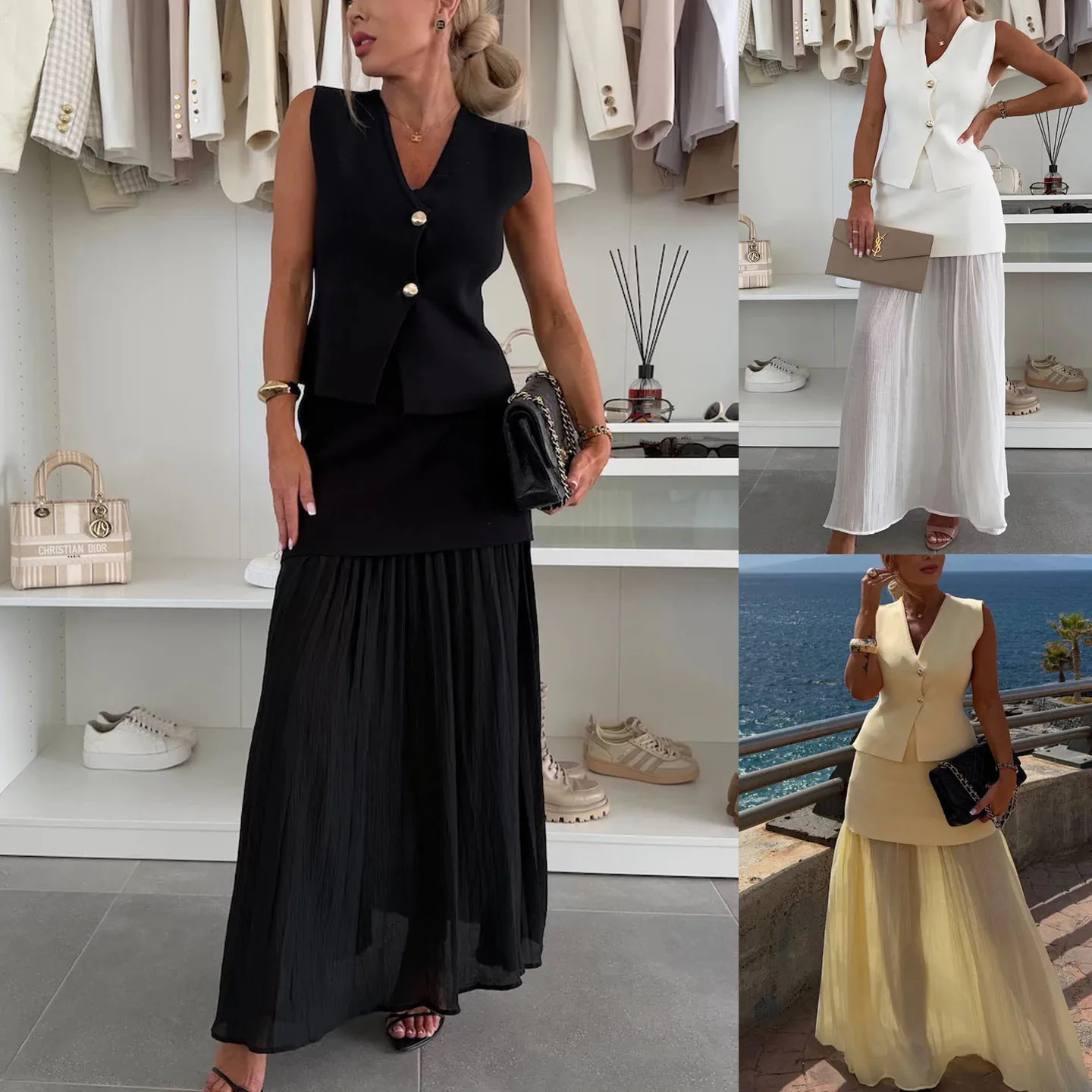 

Button V-neck Vest Sets Women Elegant Patchwork Pleat Loose Ankle-Length Skirt Set 2025 Summer Lady Office Solid Outfit