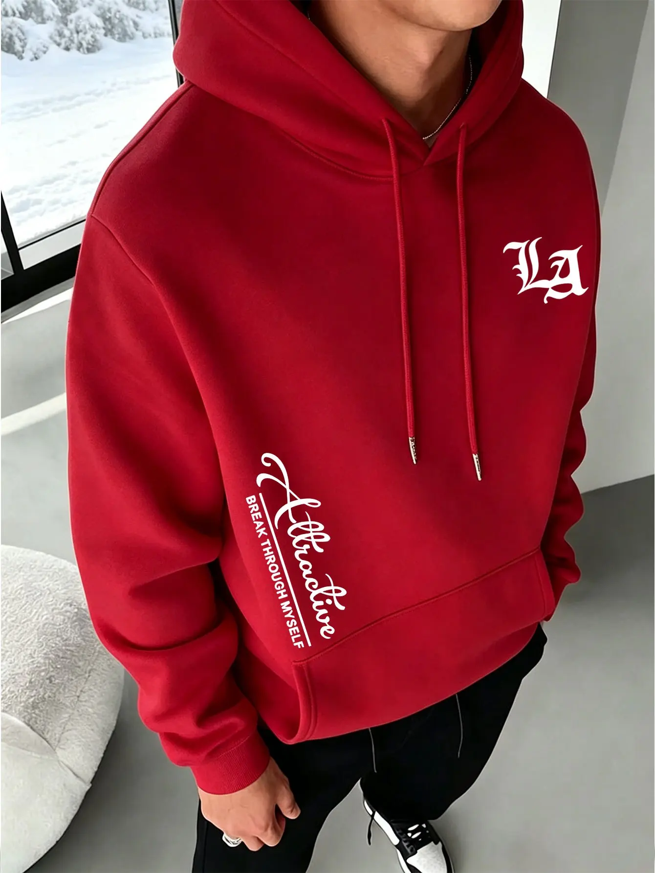 American High Street Handwritten Letter Men's Hoodie, Slim Fit Daily Commute Pullover Sweatshirt S-3XL