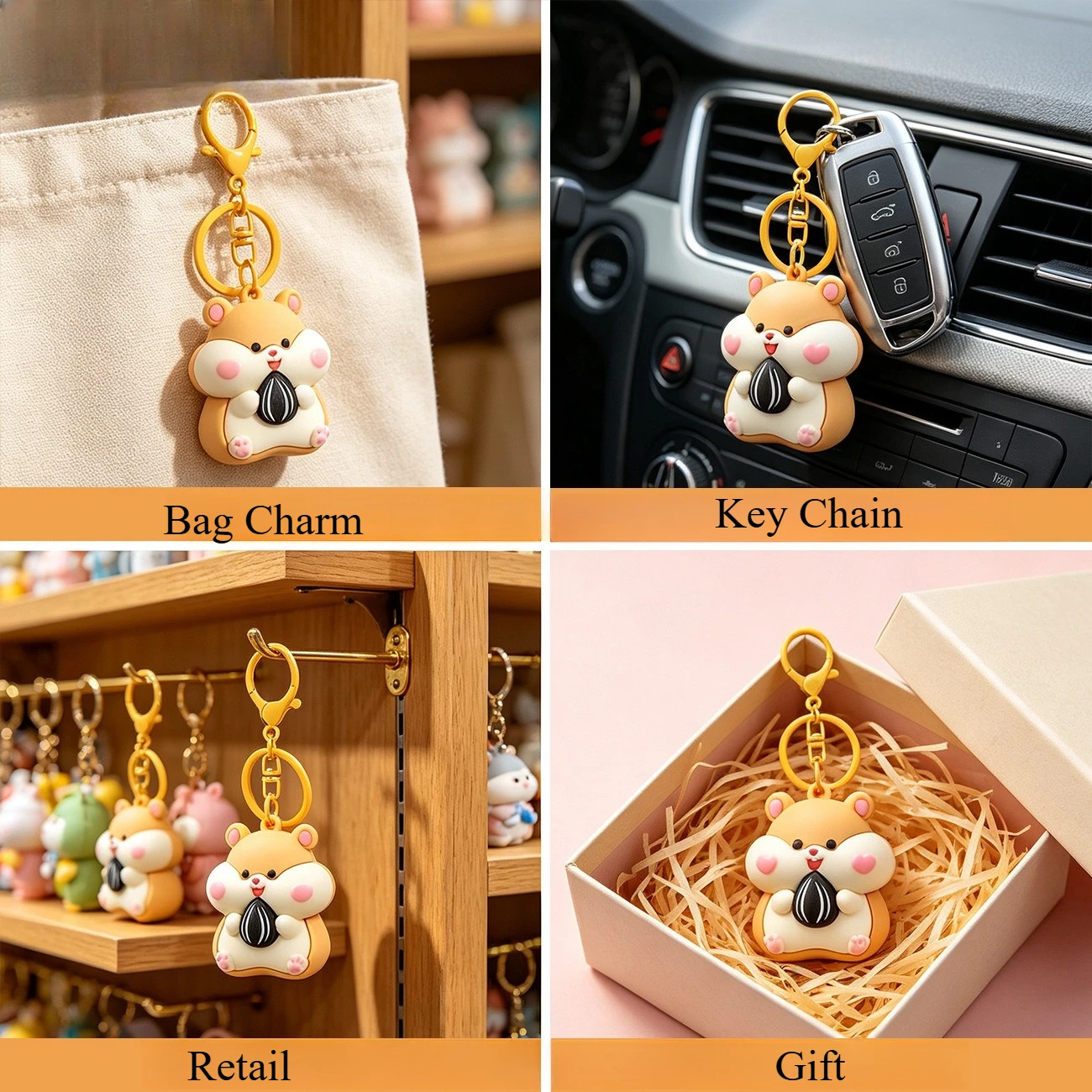 Cute Hamster Holding Melon Seeds Keychain PVC Cartoon Animal Keyring, Kawaii Bag Charms for Car Keys Backpack Gift for Women Men