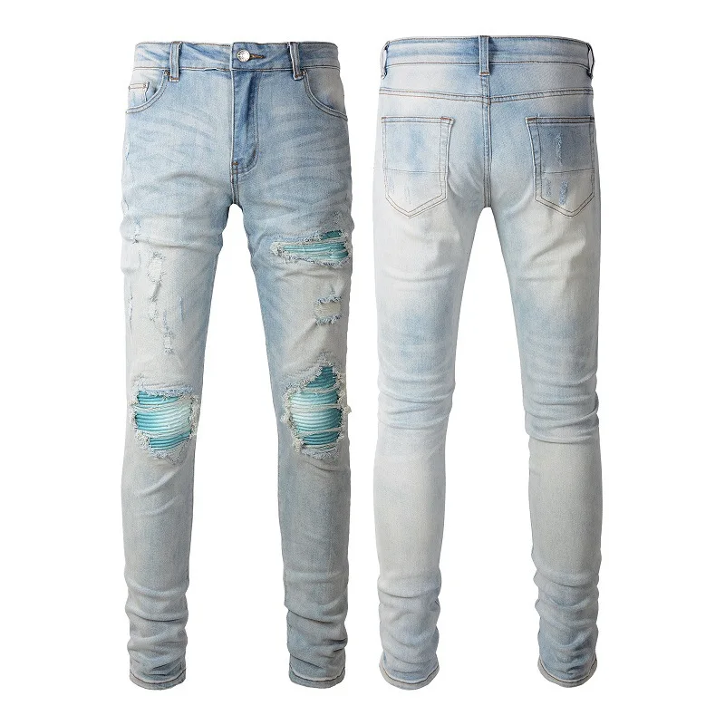 American Style High Street Light Blue Ripped Jeans Men's Pic Slim-fit Stretch Ripped Skinny Pants