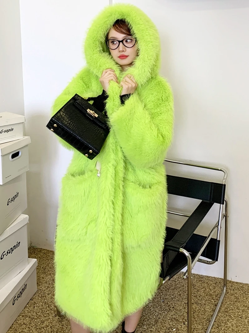 Female Fashion Eco-friendly Green Faux Fur Coat Lady Long Loose Hooded Shaggy Outerwear Women\'s Winter Coats Promotion