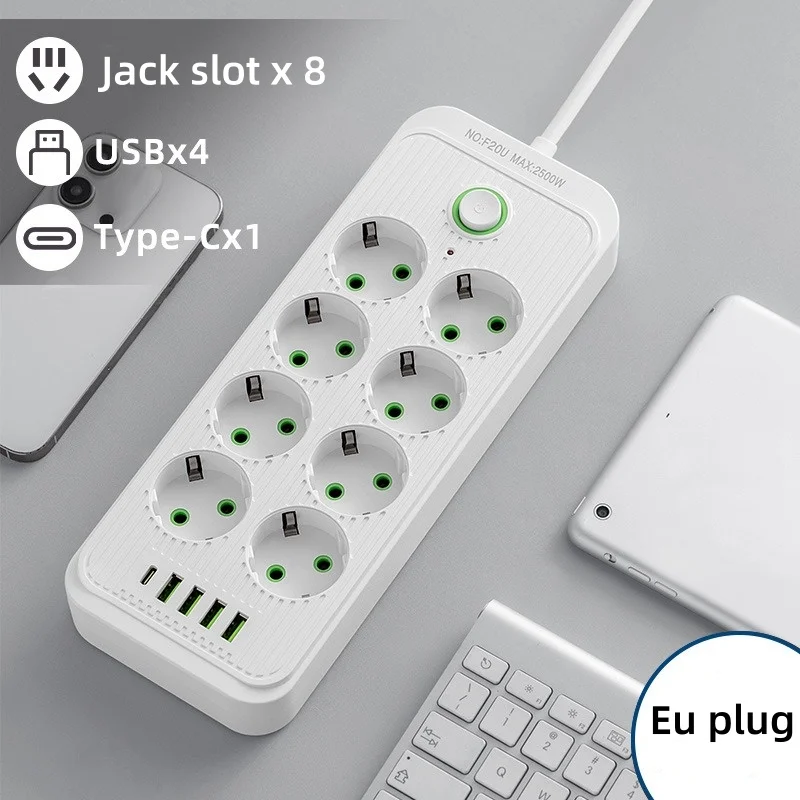 Stekkerdoos met 2M Verlengsnoer 6/8 EU Gaten 4USB Type C Poorten Universele AC Outlet Stopcontact Telefoon Veilig Opladen Adapter - afbeelding 1