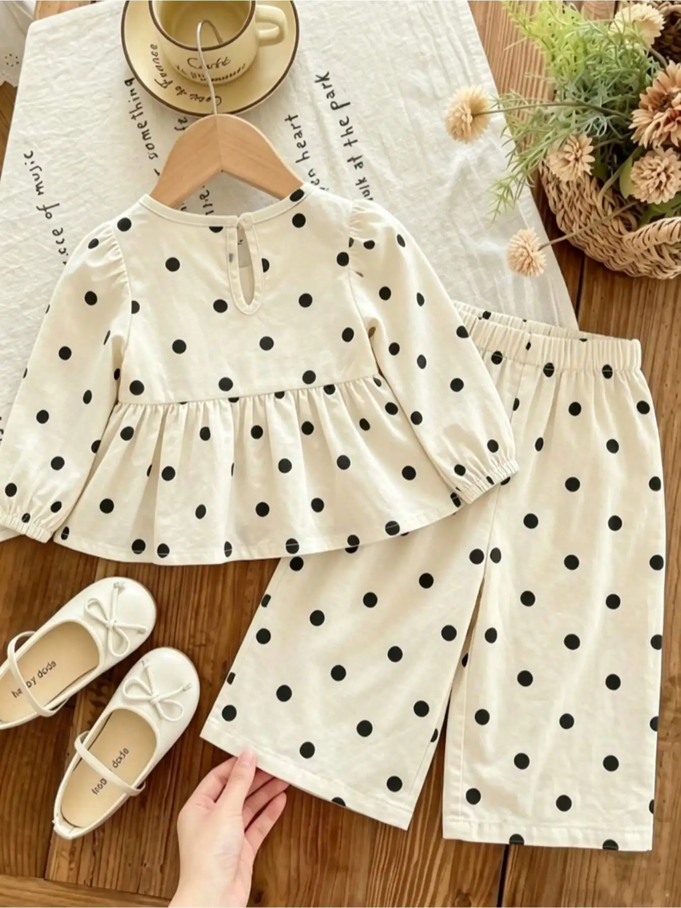 Children's Polka Dot Long Sleeve Clothing Set Autumn Square Collar Top with Elastic Waist Skirt And Long Pants