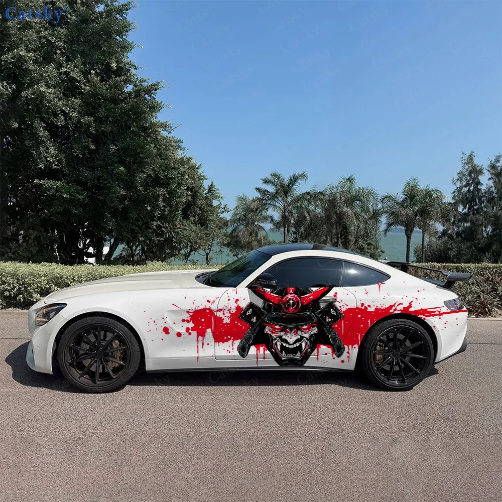 

2 шт. наклеек на боковые части автомобиля с изображением маски самурая с эффектом брызг крови, самоклеящиеся, из ПВХ, водонепроницаемые и устойчивые к царапинам, аксессуар для автомобиля, подарок