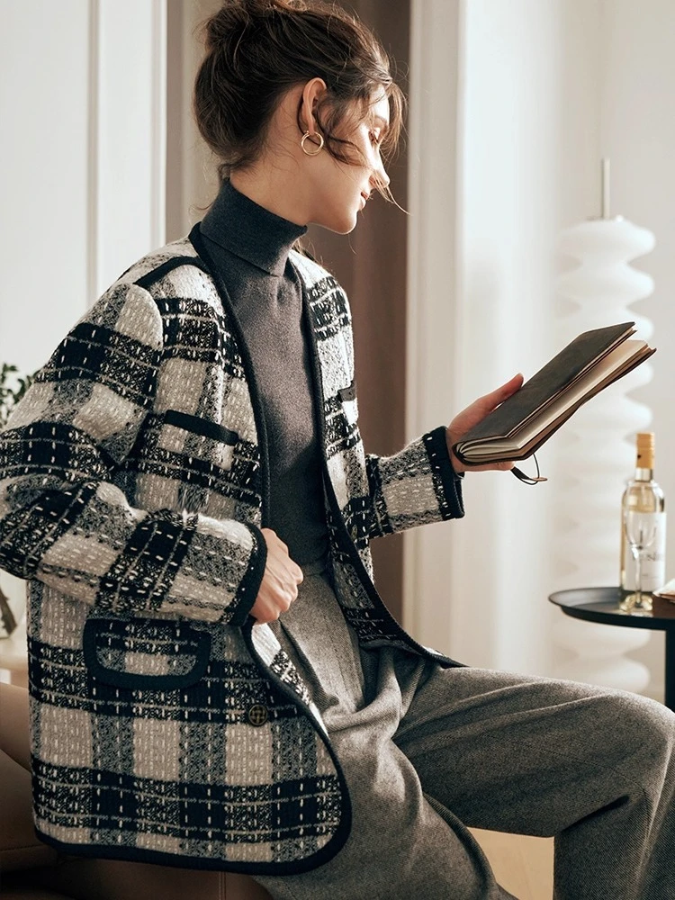 Jaket Wanita OLrain Blends 2025 Musim Gugur Terbaru Musim Dingin Mantel V-neck Elegan untuk Kerja Santai Longgar Motif Kotak-kotak Pakaian Luar Wanita G23DN65988