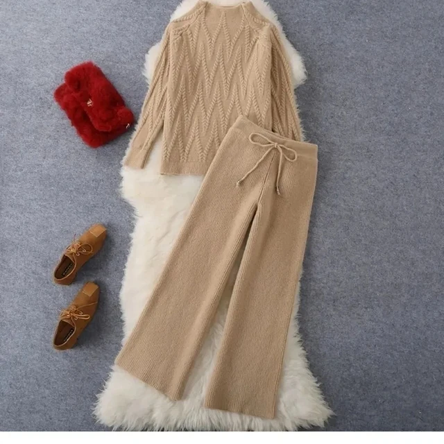 

Fall Spring Knit 2 Piece Sets Half Turtleneck Sweater Tops Outfit Knitted Wide Leg Pants Trajes Knitwears Pullovers Tracksuits