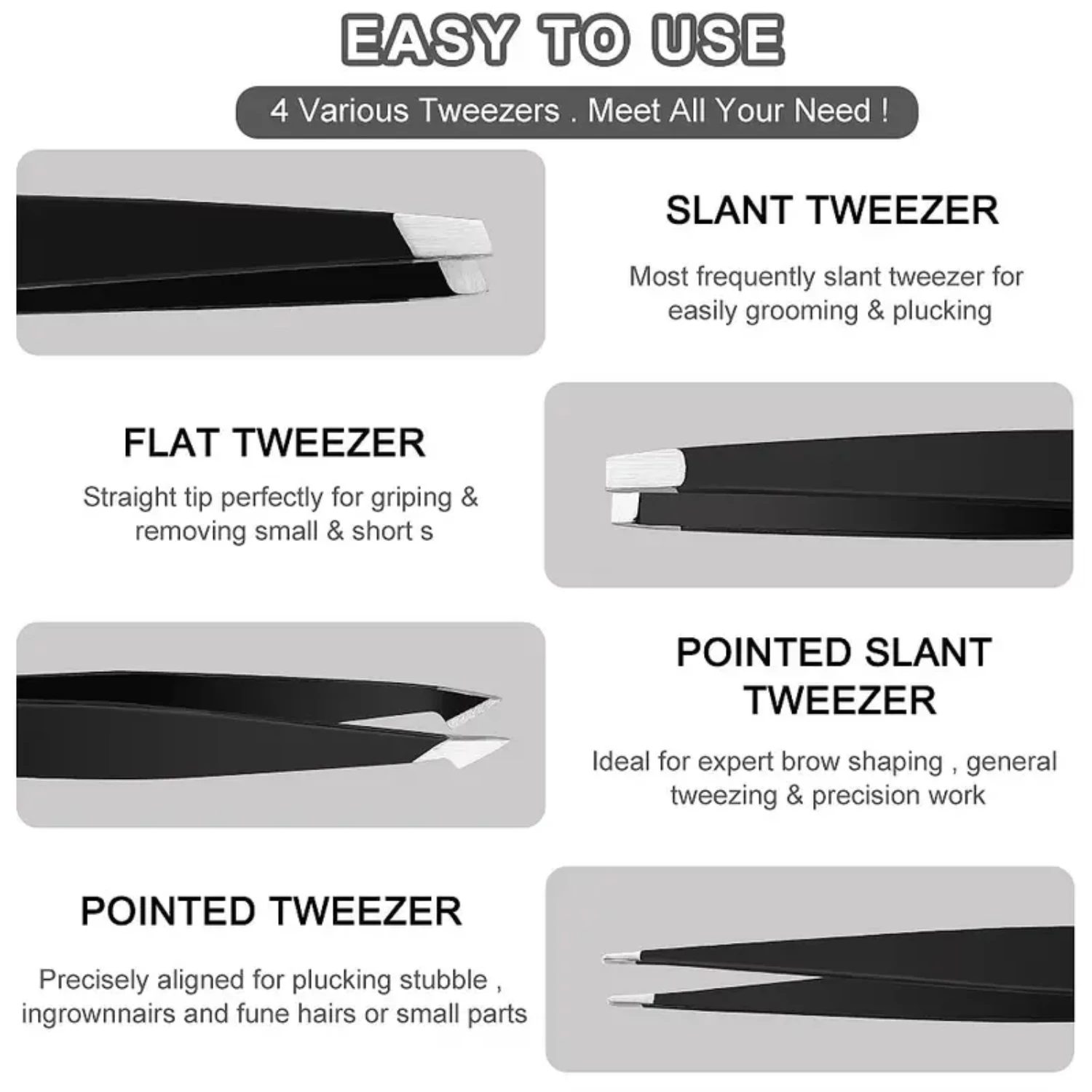 Набор из 4 прочных прецизионных пинцетов из нержавеющей стали с портативным дорожным футляром для удобного выщипывания и ухода за собой.