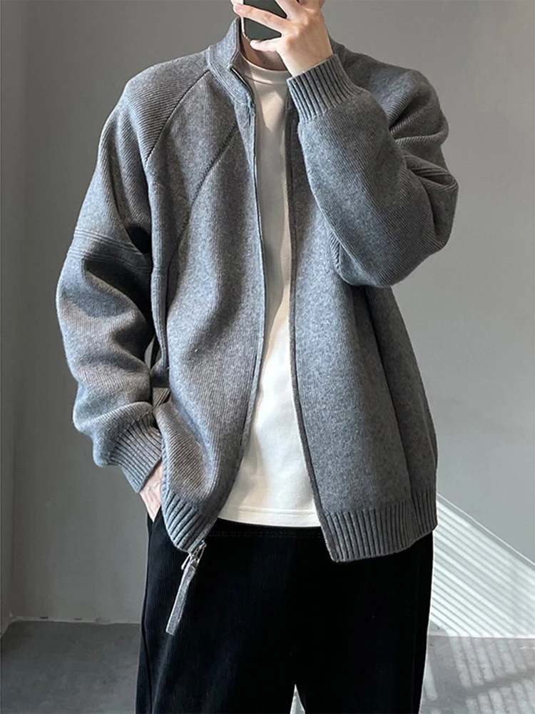 Cleanfit ey Knitted Open Cardigan Men's Sle Autumn High-End Lazy Korean Stand Collar Double Zipper Sweater Loose Fit Casual
