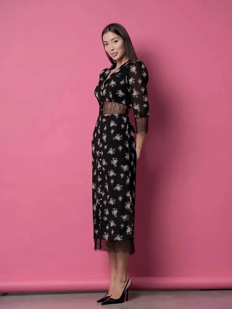CNYISHE-vestidos de encaje con estampado de flores transparentes para mujer, vestidos de manga larga con cuello en V, tubo Sexy para discoteca, moda elegante, ceñido al cuerpo para mujer