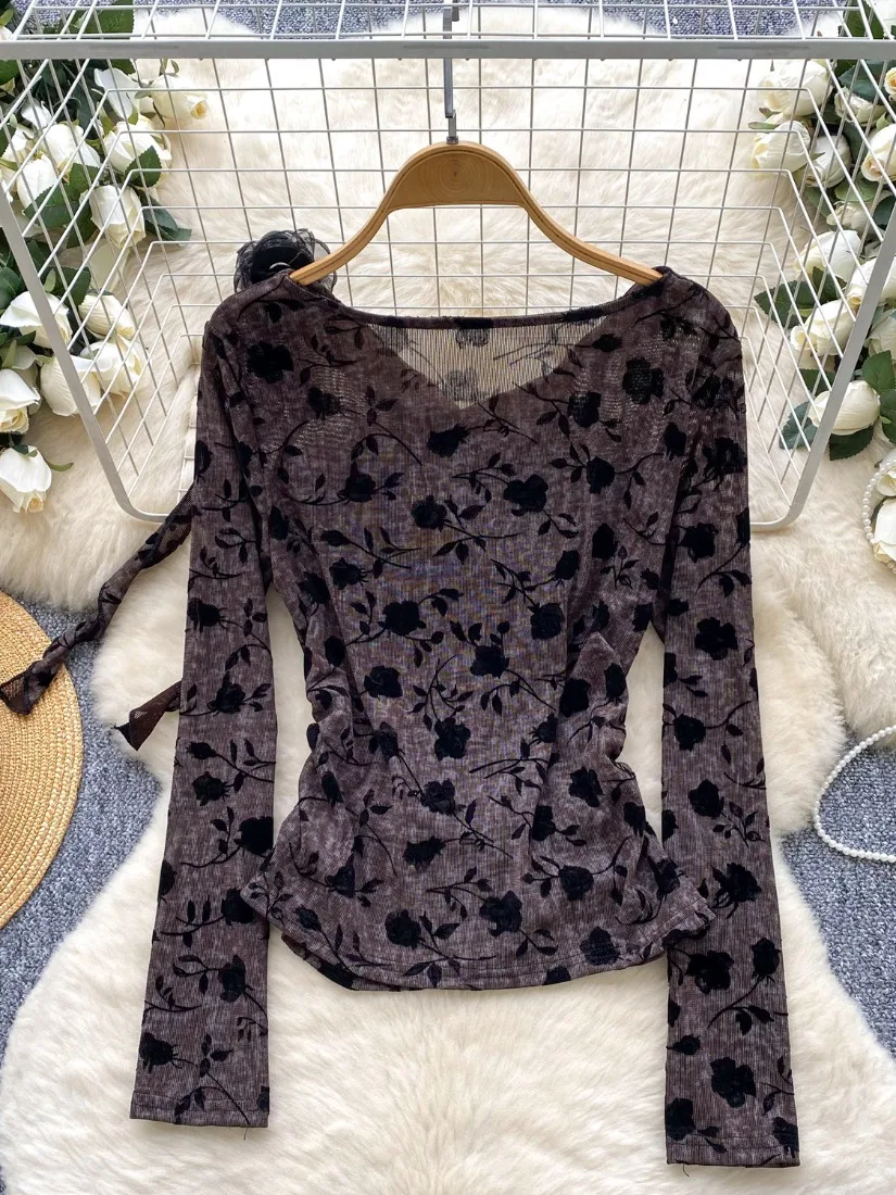 Foamlina Retro Romantic Atmosphere Floral Cowl Neck Top Women Autumn Slim Fit 3D Flower Beautiful Elegant Blouse T-shirt
